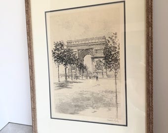 Signed Henri le Richy Arc de Triomphe Etching | Early 20th Century Paris Architectural Print in Silvered Frame