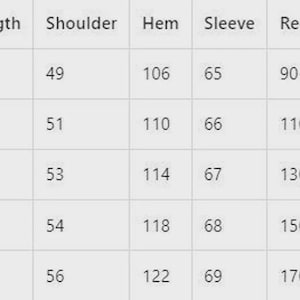 May include: A size chart with measurements for clothing. The chart includes sizes S to XXL, with corresponding chest, length, shoulder, hem, and sleeve measurements in centimeters, and recommended weight ranges in pounds.