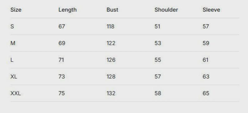 May include: A white chart displaying garment size measurements. It lists sizes S to XXL, with corresponding measurements for length, bust, shoulder, and sleeve in centimetres. Ideal for online clothing retailers.