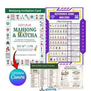 May include: A digital Mahjong invitation card featuring a border of game tiles, text reading 'LET'S PLAY MAHJONG & MATCHA', a Mahjong reference guide with tile categories, a 2026 hand tracker, and a 'How to Play' instructional sheet with illustrations.