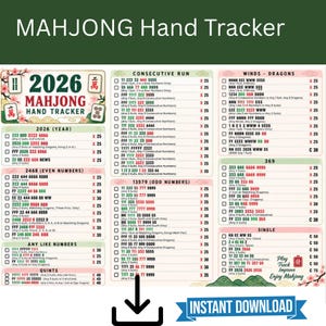 Op de afbeelding: Een 2026 Mahjong Hand Tracker scoreblad met een raster van spelcombinaties, puntwaarden en selectievakjes. Het document bevat secties voor opeenvolgende reeksen, winden, draken, even en oneven getallen, en quints met bloemmotieven.