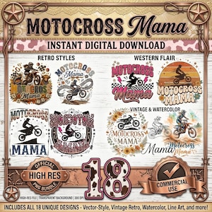 Puede incluir: Una colección digital de 18 diseños gráficos Motocross Mama con motocicletas, pilotos, flores y patrones western. Las imágenes incluyen texto, estilos retro y elementos de acuarela, presentados como un paquete PNG de alta resolución.