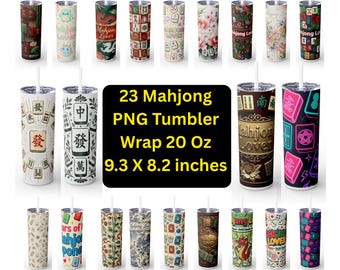 Pacchetto PNG di decorazioni per bicchieri Mahjong, 23 design per sublimazione per bicchieri Mahjong da 20 once, tessere Mah Jongg PNG, download digitale regalo Mahj