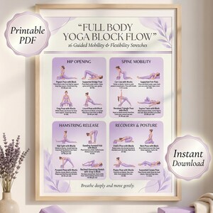 May include: A framed instructional poster titled FULL BODY YOGA BLOCK FLOW with 16 guided mobility and flexibility stretches. The chart features purple accents, illustrations of yoga poses using blocks, and text labels for hip, spine, and hamstring exercises.