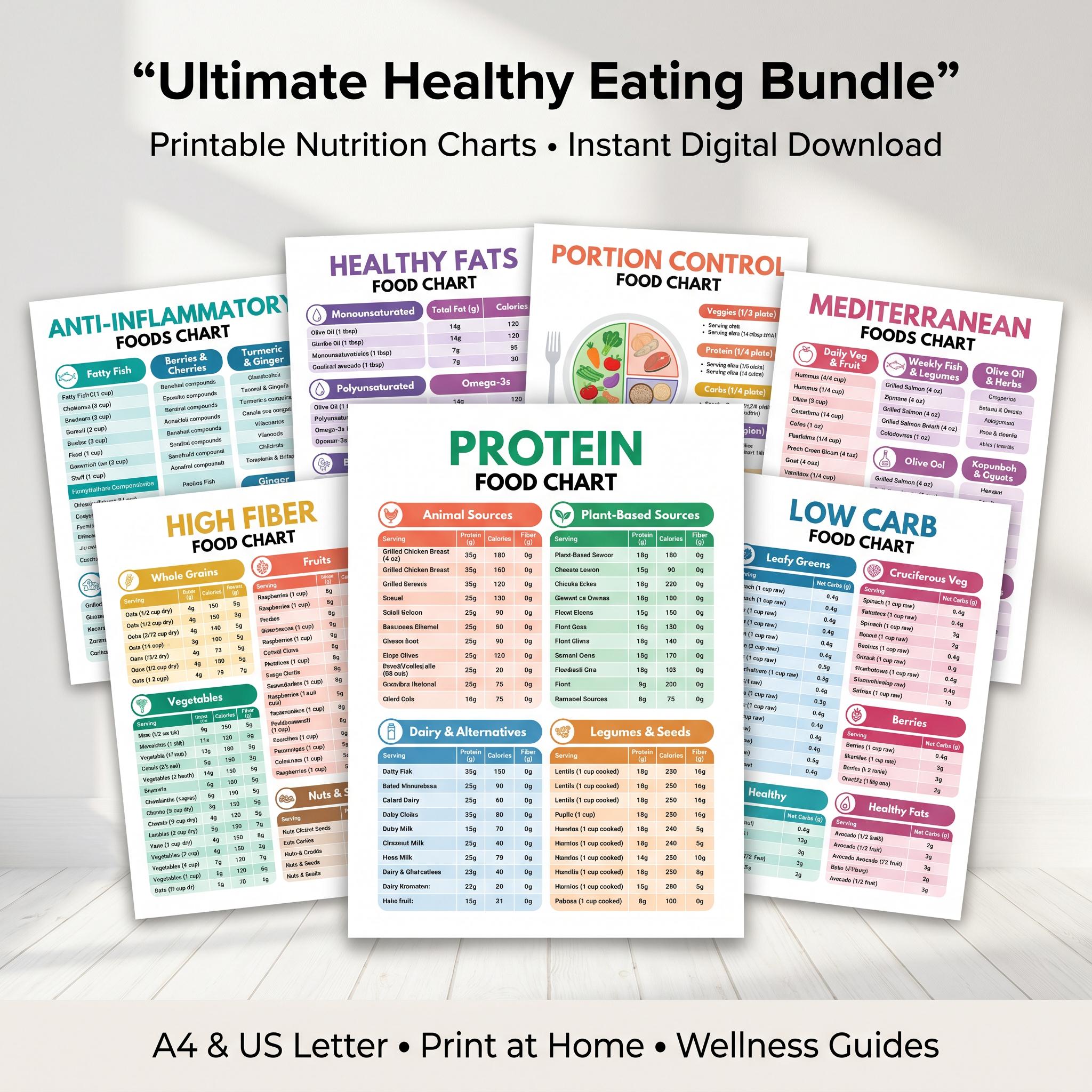 Nutrition Food Chart Bundle, Printable Healthy Eating Posters, Protein ...