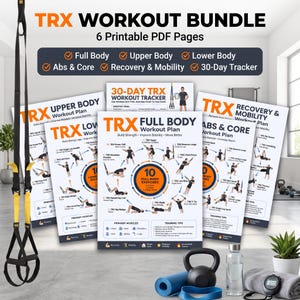 Op de afbeelding: Een TRX-trainingsbundel met 6 printbare PDF-pagina's met oefenplannen voor het hele lichaam, bovenlichaam, onderlichaam, buikspieren, core, herstel en mobiliteit, plus een 30-dagen tracker. Inclusief zwarte en gele suspension trainingsbanden.