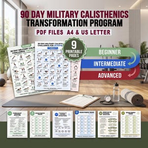 Op de afbeelding: Een 90-daags militair calisthenics transformatieprogramma met 9 printbare pagina's in A4 en US Letter formaat. De set bevat trainingsschema's voor beginners, gevorderden en experts, evenals voortgangstrackers en handleidingen voor succes.