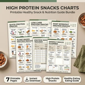 May include: A printable healthy eating guide bundle with high-protein snack charts and a weekly snack planner. The charts include quick protein, low-carb, plant-based, and post-workout snack ideas. Includes a protein snack tracker.