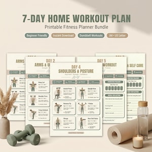 Pode incluir: Um conjunto de planejador de fitness imprimível para um programa de treino em casa de 7 dias, incluindo guias de exercícios para braços, ombros e postura, rastreadores de hidratação e seções de reflexão em tons neutros.