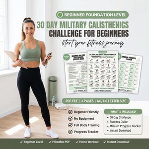 Op de afbeelding: Een digitale 30-daagse militaire calisthenics challenge gids voor beginners, met drie printbare pagina's in A4 en US letter formaat. De set bevat een succesgids, een dagelijks oefenschema en een voortgangstracker voor thuistrainingen.