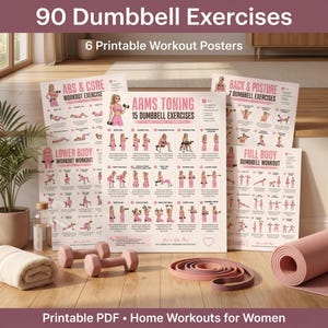 May include: A collection of six printable dumbbell exercise posters. The posters detail exercises for abs & core, arms toning, back & posture, lower body, and full body workouts. Two pink dumbbells and a rolled yoga mat are in the foreground.