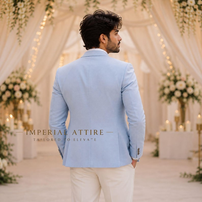Powder Blue Blazer Cream Pants Set, Beach Wedding Groom Suit, Men's