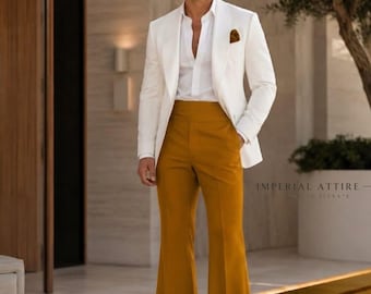 Traje de hombre amarillo mostaza y blanco con pantalones acampanados • Esmoquin de graduación de cintura alta estilo años 70 • Traje de novio a medida, atuendo elegante para hombre