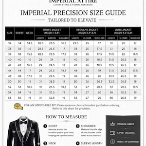 May include: A size guide for Imperial Attire formal menswear. The chart provides measurements for chest, neck, short, regular, and long jacket lengths, sleeves, and shoulder sizes. Includes instructions on how to measure for a perfect fit.