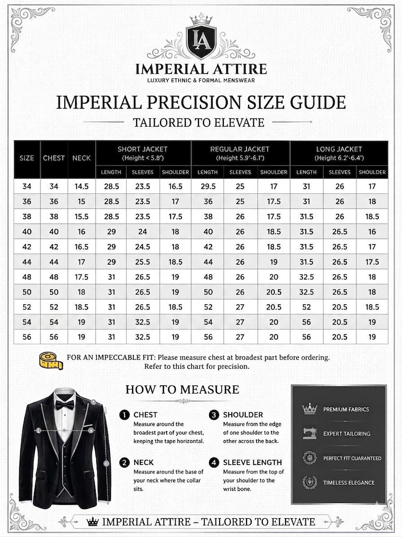May include: A size guide for Imperial Attire formal menswear. The chart provides measurements for chest, neck, short, regular, and long jacket lengths, sleeves, and shoulder sizes. Includes instructions on how to measure for a perfect fit.
