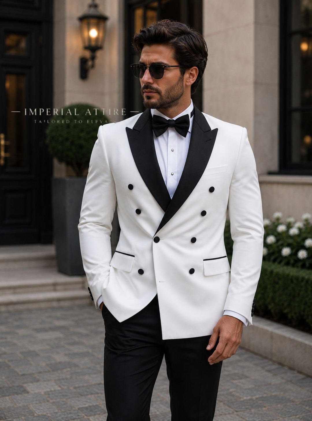 White Tuxedo Jacket , Double Breasted Groom Wedding Suit, White Dinner Jacket Black Lapel, Men's Prom Blazer, Imperial Attire - Image 1