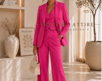 Hot Pink 3-teiliger Frauenanzug, maßgeschneiderte Blazer-Weste mit weitem Bein, magentafarbener Hosenanzug für Frauen, Fuchsia-Hochzeitsanzug, mutige Büro-Kleidung