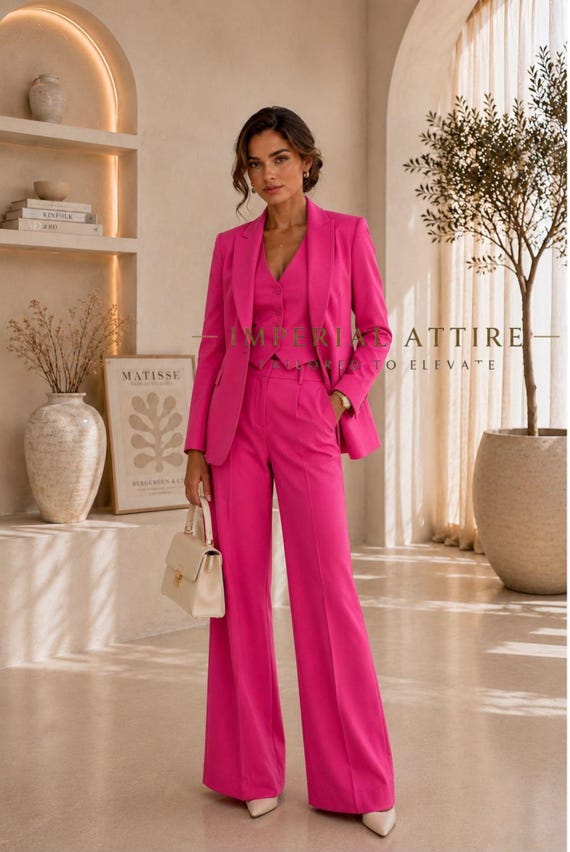 Hot Pink 3 Piece Women Suit, Tailored Blazer Vest Wide Leg Trousers, Magenta Pantsuit For Women, Fuchsia Wedding Suit, Bold Office Attire