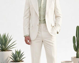 Traje de discoteca color crema de los años 70 para hombre, pantalones acampanados a medida, atuendo de boda.
