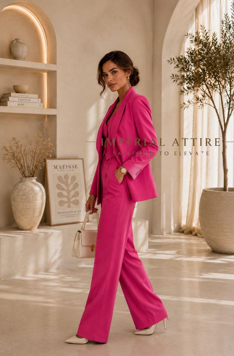 May include: A vibrant hot pink blazer and matching wide-leg trousers set. The blazer features a notched lapel and long sleeves. The trousers have a high-waisted fit. The text IMPERIAL ATTIRE TAILORED TO ELEVATE is visible in the center of the image.
