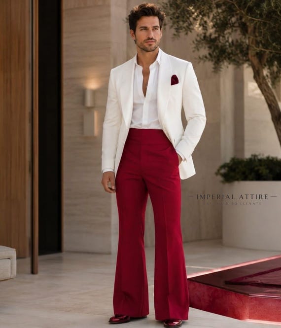 Burgundy And White Men Suit Flare Leg Trousers * 1970s Style High Waisted Prom Tuxedo * Bespoke Groom Suit, Designer Men Fashion Suit