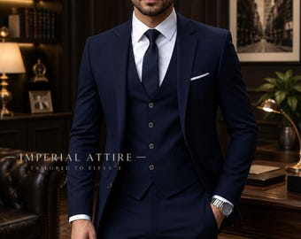 Men's Dark Navy Blue 3 Piece Suit, Custom Tailored Business Executive Suit, Luxury Vest Jacket and Pants Set, Prom Suit, Imperial Attire