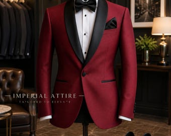 Burgundy Tuxedo Jacket with Black Shawl Lapel, Men's Wine Red Wedding Dinner Blazer, Premium Groom Tux Suit, Elegant Prom, Imperial Attire