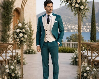 Costume trois pièces bleu turquoise pour marié | Costume homme à revers crème | Costume de mariage sur mesure | Costume pour le marié et ses garçons d'honneur | Costume de bal de promo