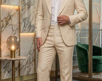 Men's Creamy white 70s Vintage Suit  Flare Leg Trousers & Wide Lapel Blazer Summer Prom Tuxedo Retro Tailored Costume