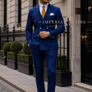 Royal Blue Men Suit, Double Breasted Blazer Slim Fit Trousers, Navy Blue Groom Suit, Luxury Wedding Tuxedo, Elegant Formal Prom Suit Set