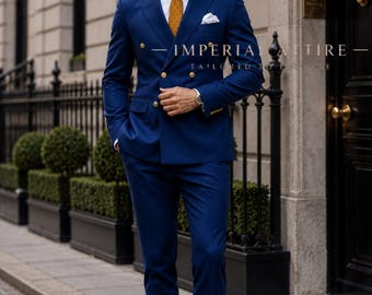 Königsblauer Herrenanzug, zweireihiger Blazer mit schmal geschnittener Hose, marineblauer Bräutigamanzug, luxuriöser Hochzeits-Smoking, elegantes Anzugset für den Abschlussball