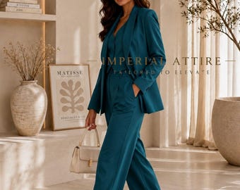 Teal Blue 3 Piece Women Suit, Tailored Blazer Vest Wide Leg Trousers, Peacock Blue Pantsuit For Women, Deep Cyan Wedding Suit, Office Attire
