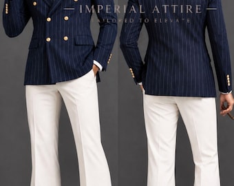 Costume croisé bleu marine à fines rayures pour homme | Costume pantalon évasé style années 70 | Costume de marié | Costume de soirée sur mesure pour homme