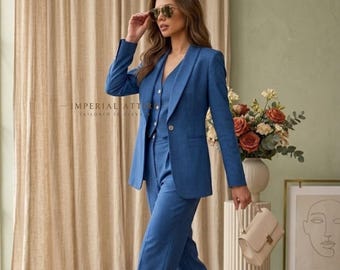 Women's Blue Three Piece Pant Suit, Wide Leg Trouser Set, Elegant Tailored Vest and Blazer, Minimalist Office Wear