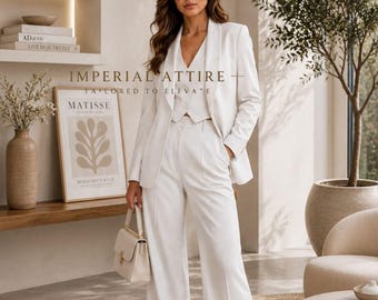 White 3-Piece Tailored Suit, Blazer Vest Wide Leg Trousers, Modern Bride Wedding Outfit