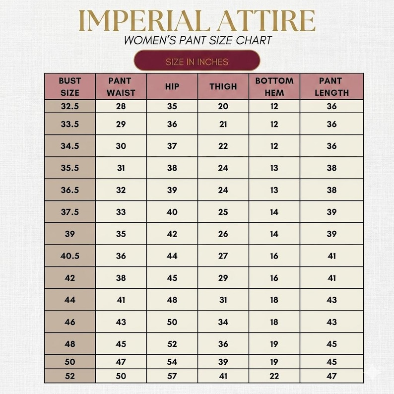 K&ouml;nnte beinhalten: Eine Gr&ouml;&szlig;entabelle mit dem Titel IMPERIAL ATTIRE WOMEN'S PANT SIZE CHART mit Ma&szlig;en in Zoll. Die Tabelle enth&auml;lt Spalten f&uuml;r Brustumfang, Taillenumfang, H&uuml;fte, Oberschenkel, Saum und Hosenl&auml;nge mit numerischen Werten von 32,5 bis 52.