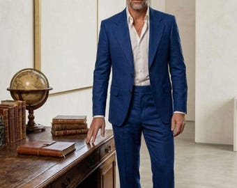 Męski niebieski luksusowy garnitur • Garnitur dzwony w stylu lat 70. szyty na miarę • Męska marynarka imprezowa w stylu retro i spodnie dzwony • Elegancki strój urodzinowy na zamówienie