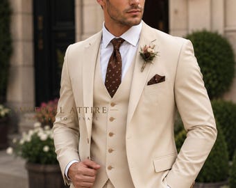 Cream Groom Suit | Elegant 3 Piece Men Suit | Khaki Groom Tuxedo | Custom Tailored Wedding Attire | Imperial Attire