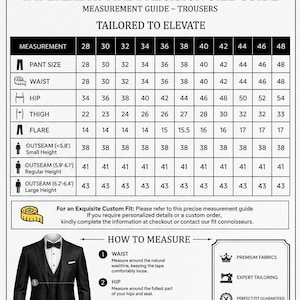 May include: A detailed size guide for trousers from Imperial Attire, featuring measurements for pant size, waist, hip, thigh, flare, and outseam. Includes a diagram on how to measure and icons for premium fabrics, expert tailoring, perfect fit, and timeless elegance.