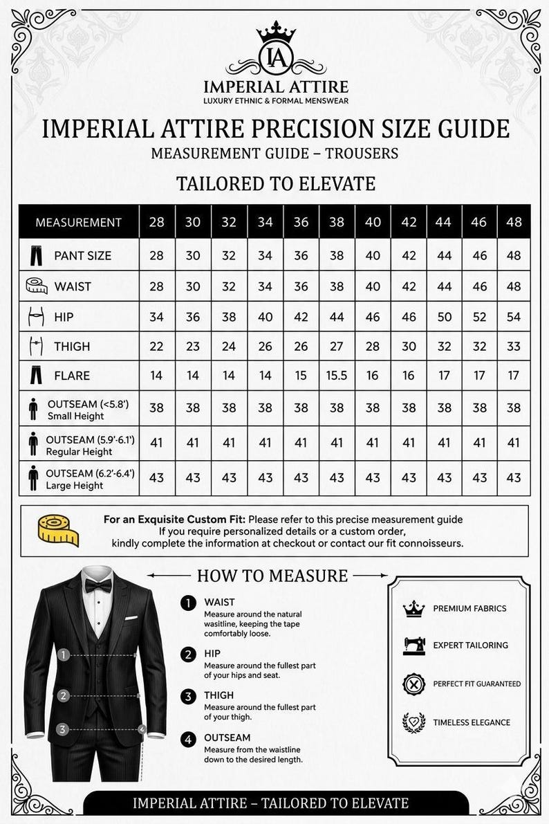 May include: A detailed size guide for trousers from Imperial Attire, featuring measurements for pant size, waist, hip, thigh, flare, and outseam. Includes a diagram on how to measure and icons for premium fabrics, expert tailoring, perfect fit, and timeless elegance.