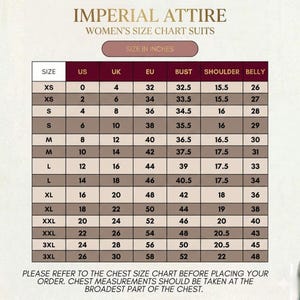 K&ouml;nnte beinhalten: Eine Gr&ouml;&szlig;entabelle mit dem Titel Imperial Attire Women's Size Chart Suits mit Spalten f&uuml;r Gr&ouml;&szlig;e, US, UK, EU, Brust, Schulter und Bauch in Zoll. Die Tabelle listet Gr&ouml;&szlig;en von XS bis 3XL mit den entsprechenden numerischen Werten auf.