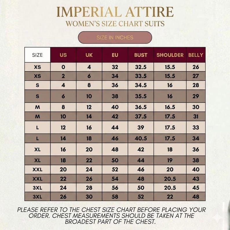 K&ouml;nnte beinhalten: Eine Gr&ouml;&szlig;entabelle mit dem Titel Imperial Attire Women's Size Chart Suits mit Spalten f&uuml;r Gr&ouml;&szlig;e, US, UK, EU, Brust, Schulter und Bauch in Zoll. Die Tabelle listet Gr&ouml;&szlig;en von XS bis 3XL mit den entsprechenden numerischen Werten auf.