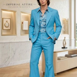 【70s】ビンテージ ディスコ・スーツ セットアップ スカイブルー 超希少！ 70s blue suit - Etsy 日本