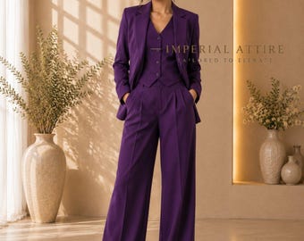 Lila 3-teiliger Damenanzug, taillierter Blazer mit Weste und weit geschnittener Hose, eleganter Businessanzug für Damen, schicke Bürokleidung, maßgeschneiderter Anzug für Brautjungfern