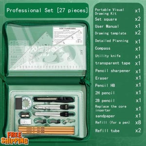 May include: A green zippered case labeled "Professional Set [27 pieces]" containing drawing tools. Includes a set square, compass, utility knife, transparent tape, pencil sharpener, eraser, pencils, and refills. The case also has a ruler and drawing templates.