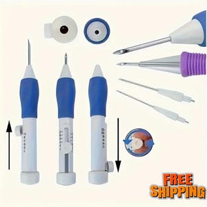 May include: A collection of punch needle tools, featuring white and blue handles with adjustable settings. The image includes close-ups of the needles and components, showcasing the tool's design and functionality. The tools are designed for various crafting projects.