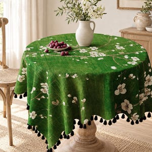 Mid-Century Modern Tablecloth with Tassels, Boho Farmhouse Square Table Cover, Rustic Dining Home Decor