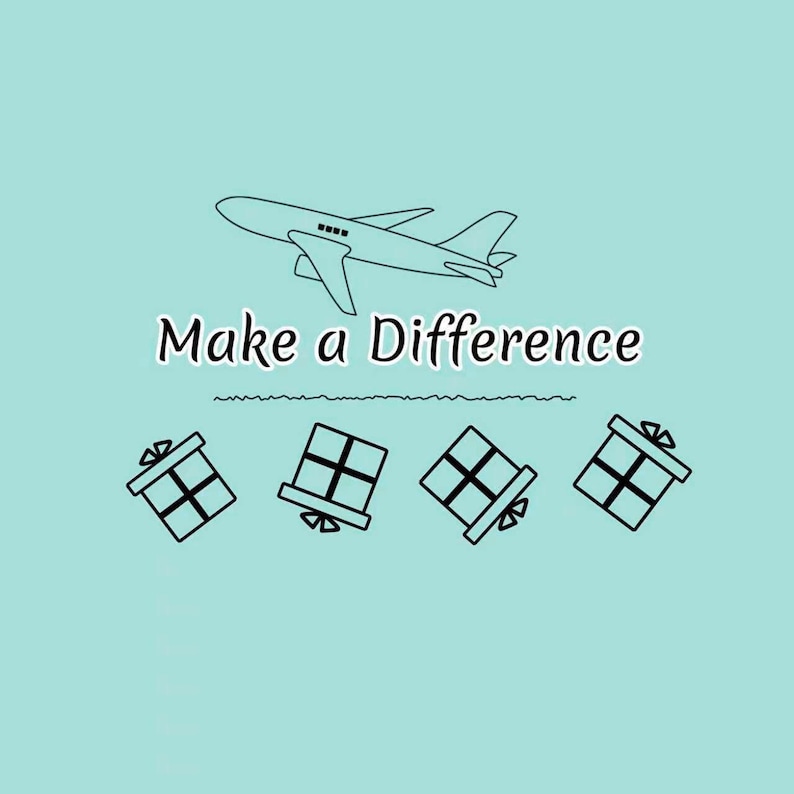 May include: A light blue graphic featuring a black line drawing of an airplane above the text "Make a Difference" in a black serif font, with a horizontal wavy line and four black outlined gift boxes arranged in a row underneath the text.