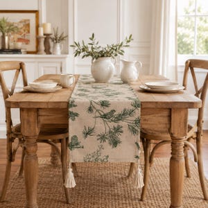 Boho blommig och botanisk bordslöpare med tofsar, rustik bordsdekoration med bondgårdsmönster för matsal, anpassad längd