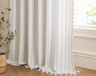 Cortinas modernas a rayas con borlas, cortinas semiopacas con bolsillo para barra, estilo rústico minimalista.
